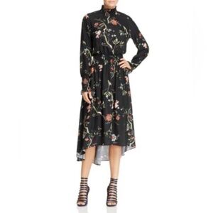 NWOT Nanette Lepore Smocked Dress size 10 High Low Black Floral Mock Neck